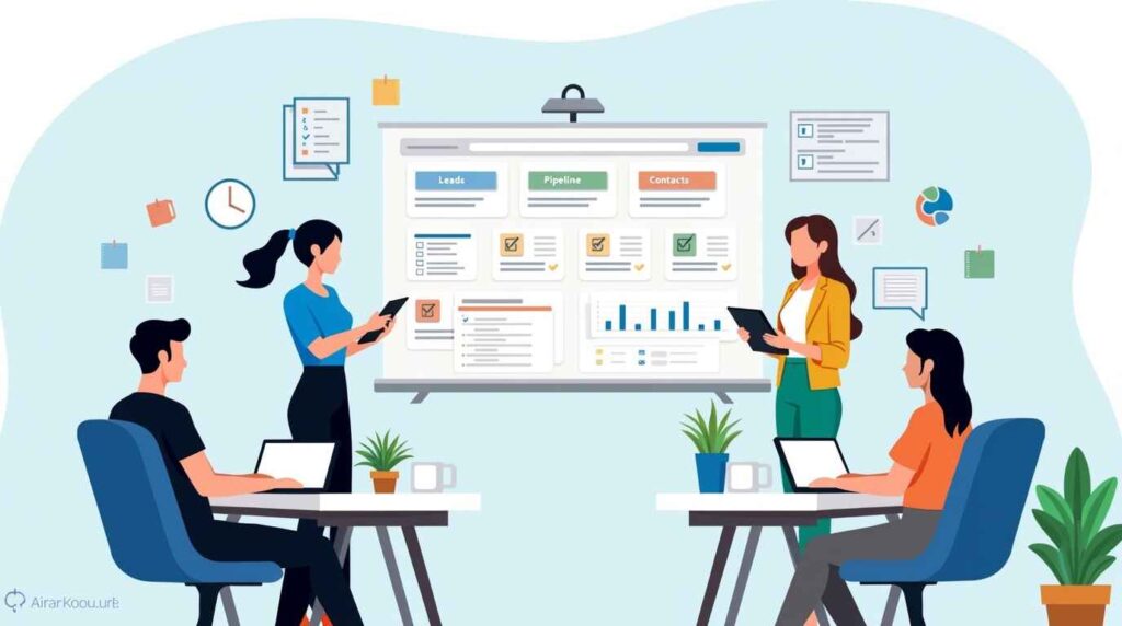 Illustration of a small business team using CRM software with dashboards for leads, pipeline, and contacts, emphasizing the best CRM features for small businesses.