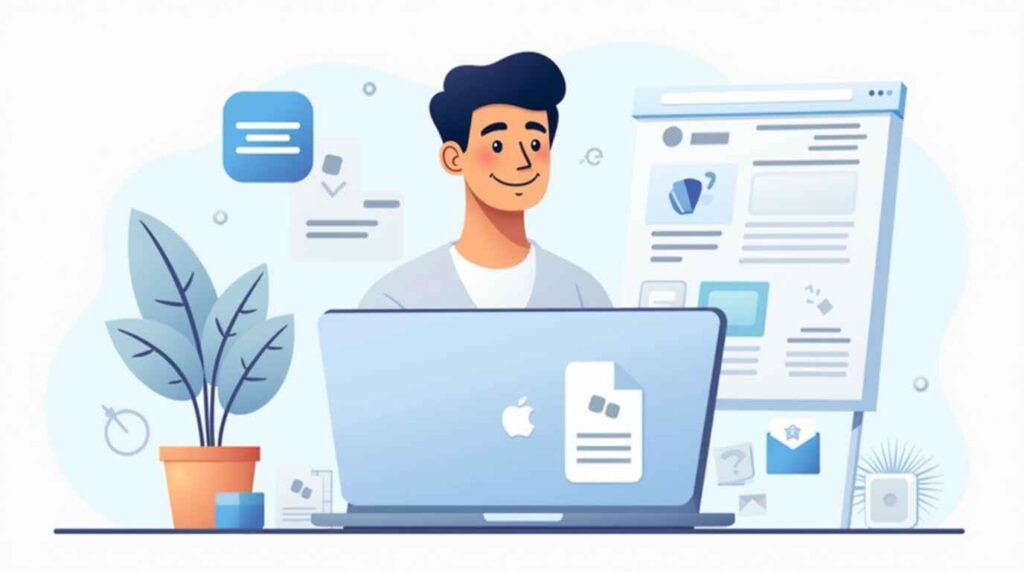 A modern, stylized digital illustration of a young man working at a laptop with an Apple logo. He is surrounded by UI elements, charts, and documents on a screen behind him. A potted plant sits beside the laptop, and the environment is minimalistic and professional, evoking a tech-savvy and productive atmosphere.