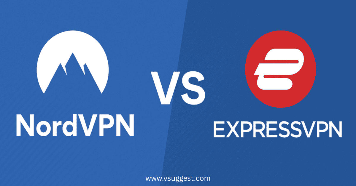A comparison image featuring the logos and names of NordVPN and ExpressVPN. The left side displays the NordVPN logo, a white mountain silhouette inside a circle, with the text "NordVPN" below it on a blue background. The right side shows the ExpressVPN logo, a white stylized "E" inside a red circle, with the text "ExpressVPN" below it on a blue background. The word "VS" is prominently centered between the two logos. The website "www.vsuggest.com" is displayed at the bottom.