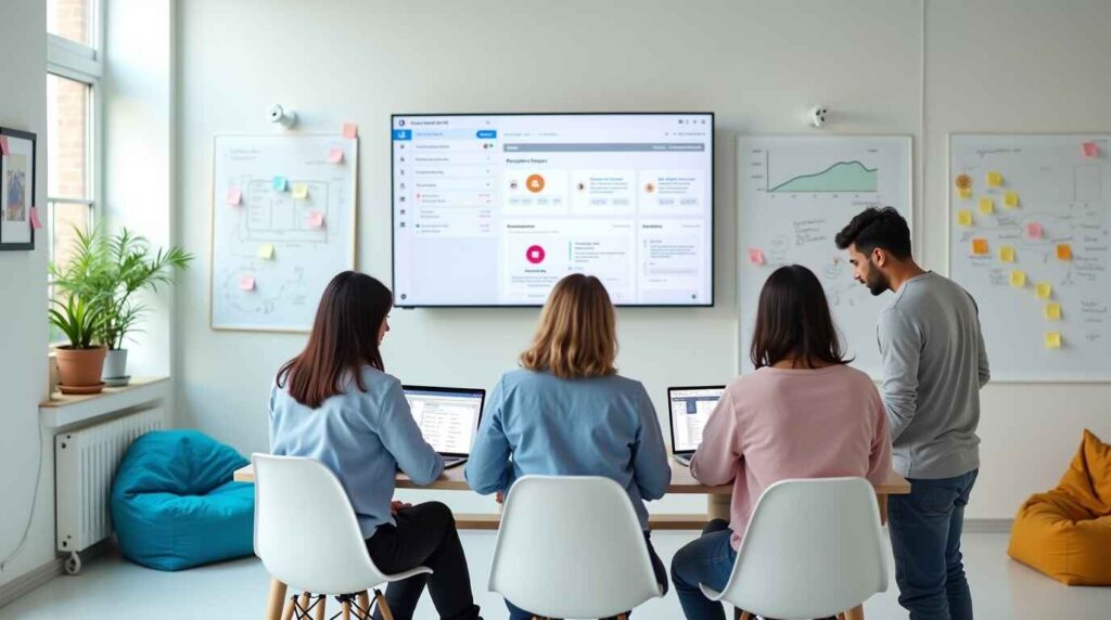Startup team collaborating in a modern office while using CRM software displayed on a large screen, highlighting simplicity and productivity in a tech-driven workspace.