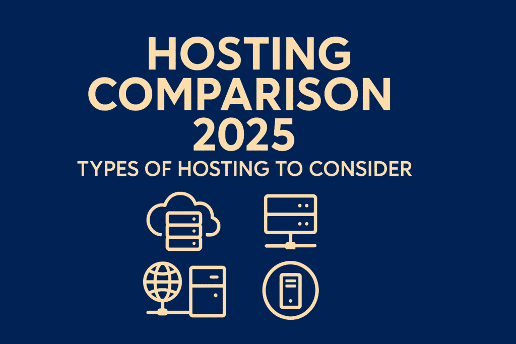 Infographic titled 'Hosting Comparison 2025: Types of Hosting to Consider' on a dark blue background with light beige text and icons. Below the title are four minimalistic line icons representing different types of hosting: a cloud server, a standalone server, a globe connected to a server, and a server inside a circle.
