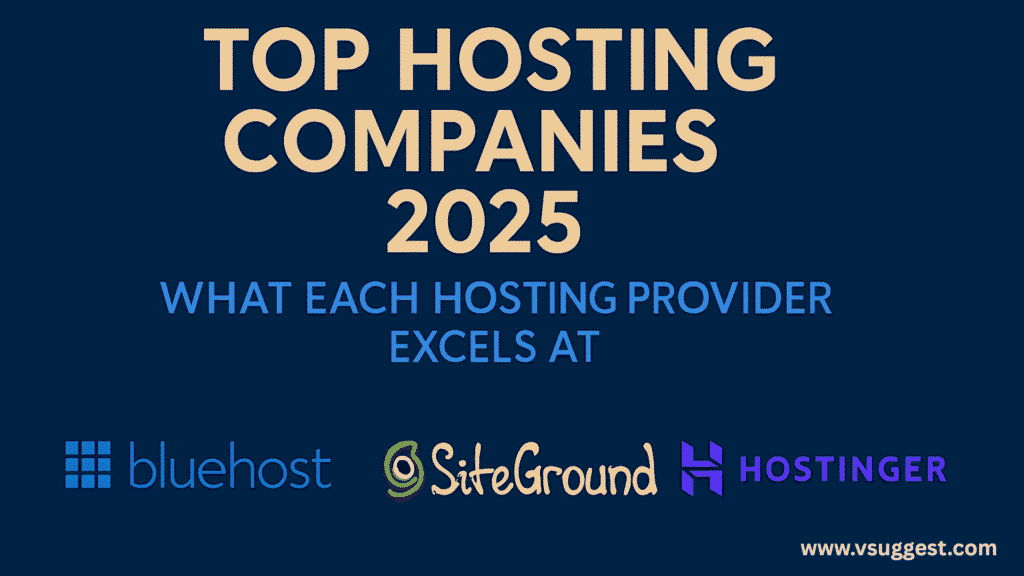 Infographic titled 'Top Hosting Companies 2025: What Each Hosting Provider Excels At' on a dark blue background with beige and blue text. Logos of three hosting providers are displayed at the bottom: Bluehost, SiteGround, and Hostinger. The website URL 'www.vsuggest.com' appears in the lower right corner.