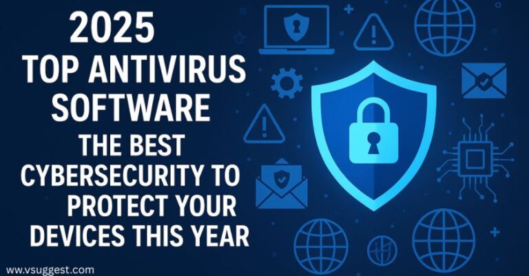 A digital graphic design promoting top antivirus software for 2025. The left side features bold white text on a dark blue background that reads, "2025 Top Antivirus Software – The Best Cybersecurity to Protect Your Devices This Year." On the right side, there's a glowing blue shield icon with a padlock in the center, surrounded by cybersecurity and technology symbols including a laptop, envelope, warning triangle, globe, microchip, and gear, all in matching blue tones. The overall design conveys digital security and protection.