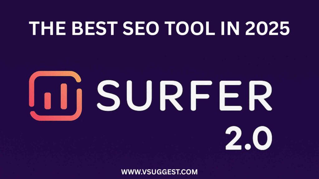 A digital illustration showcasing "Surfer SEO 2.0" as the best SEO tool in 2025. The image features a futuristic interface with analytics graphs, keyword insights, and an AI-powered optimization dashboard. Bold text highlights the tool's name, with a glowing effect symbolizing innovation in search engine optimization.